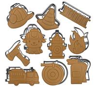 Moose Goods Firefighter Cookie Cutters for Baking - Set of 10 Cookie Cutters with Stamp Fire Truck, Fire Helmet, Fire Extinguisher, Fire Hydrant, Axe, Dog, Hose, Ladder, Cone & Flame Cookie Cutter