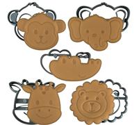 Moose Goods Safari Animal Cookie Cutters with Stamps - 5-Pcs Cookie Cutter Set with Elephant, Giraffe, Monkey, Lion & Crocodile - Cute Cookie Cutter Variety Pack for Cookies, Cakes, Fondant, Biscuits