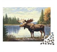 Moose in Forest Jigsaw Puzzles 1000 Piece for Adults, 1000 Piece Nature Landscape Painting Style Whimsical Challenge Toy 70x50cm/1000pcs