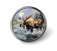 Moose in River Round Brooch Pin Lapel Pins Tie Suit Dress Accessories for Men Women Wedding Birthday