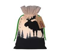 Moose Mountain Pine Tree Christmas Drawstring Gift Bags with Tags, Xmas Gift Bags with Green Christmas Ribbon, Reusable Gift Wrapping Bag Fabric Goody Gift Sacks for Party Presents Decorations