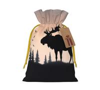 Moose Mountain Pine Tree Christmas Drawstring Gift Bags with Tags, Xmas Gift Bags with Yellow Christmas Ribbon, Reusable Gift Wrapping Bag Fabric Goody Gift Sacks for Party Presents Decorations