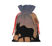 (Moose Mountain Pine Tree Wilderness) Christmas Burlap Gift Bags, Eco-Friendly Polyester Drawstring Pouches For Holiday, Birthday & Party Gift Packaging M