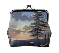 Moose Mountain Pine Tree Wilderness Print Coin Purse for Women Cute PU Leather Kiss-lock Change Purse Wallet, Black, One Size, Pattern