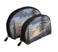 Moose Mountain Pine Tree Wilderness Print Makeup Bag Set 2-Piece Portable Clutch Pouch Travel Cosmetic Pouches Toiletry Bags for Daily Storage & Travel Organization
