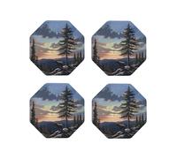 Moose Mountain Pine Tree Wilderness Printed Octagon Coasters 4 PCS for Drinking, Leather Coaster for Home Decor Tabletop Protection