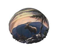 Moose Mountain Pine Tree Wilderness Printed Shower Cap Reusable Bath Cap Women Waterproof Double Layer Bath Hair Caps, Keeps Hair Dry, Fits All Head