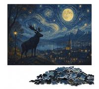 Moose on Rooftop Under Starry Night Sky Jigsaw Puzzle, 500 Pieces | Fresh-start puzzle gift: quiet evening activity alone or together.