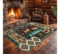 Moose Pine Tree Maple Leaf Pattern Washable Rugs Living Room 80 x 150 cm | Bohemian Vintage Non-Slip Low Pile Soft Carpet for Bedroom Dining Room Office, Multicoloured