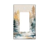 Moose Single Rocker Light Switch Cover, Nature Rustic Pine Trees Snowflakes Winter Green Plastic Standard Size Switch Plate Decorative for Living Room Bedroom Home Office Decor