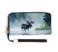 Moose Standing The Lake Leather Wallet Fashion Purse Long Pouch with Wrist Strap for Men Women