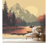 Moose Wallpaper Mural, Rustic Mountain Forest Animal Wall Mural, Non-woven Print Photo Wallpaper for Bedroom Living Room Decor 350x256 cm Z61