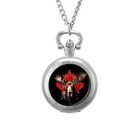 Moose with Canada Flag Vintage Pocket Watch with Chain Classic Numerals White Dial