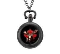 Moose with Canada Flag Vintage Pocket Watch with Chain Classic Numerals White Dial