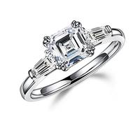 MOOSEA 1.5ct Asscher Cut Moissanite 3 Stone Rings for Women, D Color VVS1 Clarity Lab Created Diamond Rings 14K White Gold Vermeil Double Claw Moissanite Engagement Rings for Women Gifts