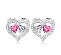 MOOSEA Moissanite Birthstone Stud Earrings for Women - 925 Sterling Silver - Heart Earrings 18K White Gold Plated - Screw Back Earrings for Women, Metal, Created Moissanite