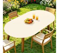 Moosfor Spandex Oval Tablecloth, Fitted Table Cloth for 48" x 68" Tables | Elastic Outdoor Picnic Table Cover, Circle Stretch Waterproof Table cloths for Patio, Dining, Kitchen, Beige