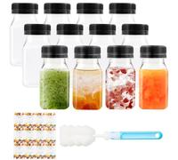 Mooshy Shot Bottles with Lids - 12 Packs 4oz/120ml Reusable Plastic Juice Bottles with 12 Fruit Stickers and Brush for Smoothie Milk Juice Drinks for Kids Lunch Boxes Parties Beverage Shops