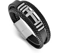 MOOSKI Cross Leather Bracelet for Men Stainless Steel with Gold Plated Christ Jesus Crucifix Cuff Bangle For Men Women, 21CM, Stainless Steel Leather, Cubic Zirconia