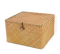 Moosky Wicker Shelf Baskets with Lid, Handwoven Seagrass Storage Basket Bins Square Gift Boxes for Shelves Home Decor Organizer (Natural, Large)