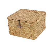 Moosky Wicker Shelf Baskets with Lid, Handwoven Seagrass Storage Basket Bins Square Gift Boxes for Shelves Home Decor Organizer (Natural, Small)
