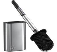 MooStar 1-Pack Silicone Toilet Brush with Holder-Stainless Steel Wall-Mounted & Free-Standing Toilet Brushes and Holders with Quick-Drying Flexible Flat Brush Head & Soap Dispenser for Bathroom-Chrome