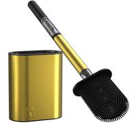 MooStar 1-Pack Silicone Toilet Brush with Holder - Stainless Steel Wall-Mounted & Free-Standing Toilet Brushes and Holders with Quick-Drying Flexible Flat Brush Head & Soap Dispenser for Bathroom-Gold