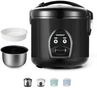 MOOSUM Rice Cooker with Ceramic Coating - 1.8 L Large Capacity - For 2-10 People - Includes Steamer - Keep Warm Function, Rice Spoon and Measuring Cup - Black