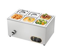 MOOTACO Commercial Food Warmer Stainless Steel Bain Marie Buffet Warmer 1500W, Temperature Range 30-85 °C, GN 1/6 Containers -150mm x6 Pans with Lids, Drain Tap