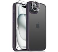 Mootobo Case for iPhone 15 Plus, 4 in 1 Skin Touch Phone Bumper Cover, Built-in 2 Tempered Glass Screen Protector +1 HD Camera Lens Protector, Shockproof Hard Phone Cover (Deeppurple)