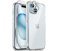 Mootobo Case for iPhone 15 Plus, 4 in 1 Skin Touch Phone Bumper Cover, Built-in 2 Tempered Glass Screen Protector +1 HD Camera Lens Protector, Shockproof Hard Phone Cover (Clear)