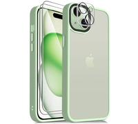 Mootobo Case for iPhone 15 Plus, 4 in 1 Skin Touch Phone Bumper Cover, Built-in 2 Tempered Glass Screen Protector +1 HD Camera Lens Protector, Shockproof Hard Phone Cover (Applegreen)