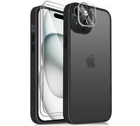 Mootobo Case for iPhone 15 Plus, 4 in 1 Skin Touch Phone Bumper Cover, Built-in 2 Tempered Glass Screen Protector +1 HD Camera Lens Protector, Shockproof Hard Phone Cover (Black)