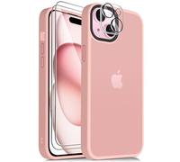 Mootobo Case for iPhone 15 Plus, 4 in 1 Skin Touch Phone Bumper Cover, Built-in 2 Tempered Glass Screen Protector +1 HD Camera Lens Protector, Shockproof Hard Phone Cover (Pink)