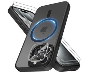 Mootobo for iPhone 15 Pro Case 4 in 1 Magsafe Built-in 2 HD Screen Protectors and 1 HD Lens Protector, Compatible with Magsafe Wireless Charging for iPhone 15 Pro 6.1 inch - Black