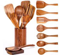 Mooues 9 Piece Natural Teak Wooden Kitchen Utensil Set with Spoon Rest - Comfort Grip Cooking Spoons and Utensils Holder