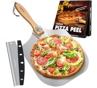 Mooues Aluminum Pizza Peel, 12 x 14 Inch Pizza Paddle with Pizza Cutter, Foldable Wooden Handle Pizza Shovel, Pizza Oven Accessories Set for Dough, Bread, Cakes