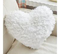 MOOWOO Valentines Day Decor,Fluffy Heart Throw Pillow with Pillow Cover and Insert, Shaggy Faux Fur,Christmas Decorations (White, Heart Shape-15.7X15.7Inches)