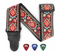 MOOZAK Vintage Embroidered Guitar Strap - Adjustable Leather Guitar Strap for Electric Guitar, Bass Guitar, Acoustic Guitar - Ideal Guitar Gift for Musicians（Red&Yellow）