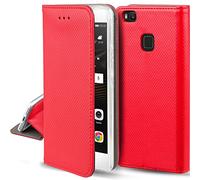 Moozy Case Flip Cover for Huawei P9 Lite, Red - Smart Magnetic Flip Case Flip Folio Wallet Case with Card Holder and Stand, Credit Card Slots, Kickstand Function