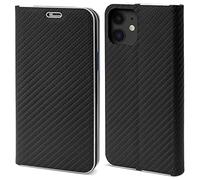 Moozy Wallet Case for iPhone 11, Black Carbon - Flip Case with Metallic Border Design Magnetic Closure Flip Cover with Card Holder and Kickstand Function