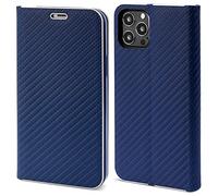 Moozy Wallet Case for iPhone 13 Pro, Dark Blue Carbon - Flip Case with Metallic Border Design Magnetic Closure Flip Cover with Card Holder and Kickstand Function