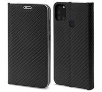 Moozy Wallet Case for Samsung A21s, Black Carbon - Flip Case with Metallic Border Design Magnetic Closure Flip Cover with Card Holder and Kickstand Function