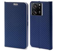 Moozy Wallet Case for Xiaomi 13T / 13T Pro, Dark Blue Carbon - Flip Case with Metallic Border Design Magnetic Closure Flip Cover with Card Holder and Kickstand Function
