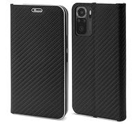 Moozy Wallet Case for Xiaomi Redmi Note 10 / Note 10S, Black Carbon - Flip Case with Metallic Border Design Magnetic Closure Flip Cover with Card Holder and Kickstand Function