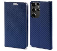Moozy Wallet Phone Case for Samsung galaxy S24 Ultra, Carbon - Flip Case with Metallic Border Design Magnetic Closure Flip Cover for samsung S24 Ultra with Card Holder, Kickstand Function, Dark Blue