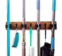 Mop and Broom Holder Wall Mount Solid Wood Broom Rack Wall Mount 4 Positions 3 Hooks for Home, Kitchen, Garden, Tools, Garage Organizing, Cleaning Supplies Organizer Indoor Outdoor