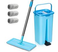 Mop and Bucket, MASTERTOP Flat Mop and Buckets Sets with Foot Pedel & Wringer, Hands Free Lightweight Floor Mops Cleaning System, Send 3 Wet and Dry Microfibre Pads, 19x16x35cm