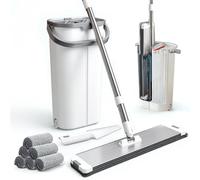 Mop and bucket, Premium Microfiber Mop and Buckets Sets - 40cm Hands-Free Flat Mop with 43.5cm Bucket, 6 Washable Super Absorbent Pads, 1 Mop Cleaning Brush, 2-in-1 Wet & Dry Cleaning System (Grey)