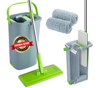 Mop and Bucket Set - Easy Gleam Floor Flat Mop with 2-Chamber Bucket - Microfibre Pads and Stainless Steel Handle - Compact and Lightweight for Efficient Cleaning - Green